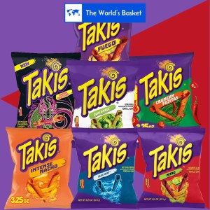 Takis Blue Heat ♦ Fuego Hot Chili Pepper ♦ Dragon Sweet Chilli ♦ Intense Nacho♦ Crunchy Fajitas ♦ Guacamole♦ Nitro 3.25oz snack