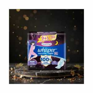 Whisper Worry-free Nights Xl Sanitary Pads | 10 Count (9+1 Free) | Up to 100% Leak Protection | Overnight Flow