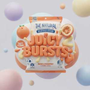 The Natural Confectionery Co. Juicy Bursts Gummies 150g, Orange & Passionfruit Flavour, 180g Bag, No Artificial Colours or Flavours