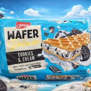 Nissin Wafer Deluxe Cookies & Cream – Crunchy Wafer with Cream Filling, Rice Crispies, and Cookie Bits (8 Packs x 19g)